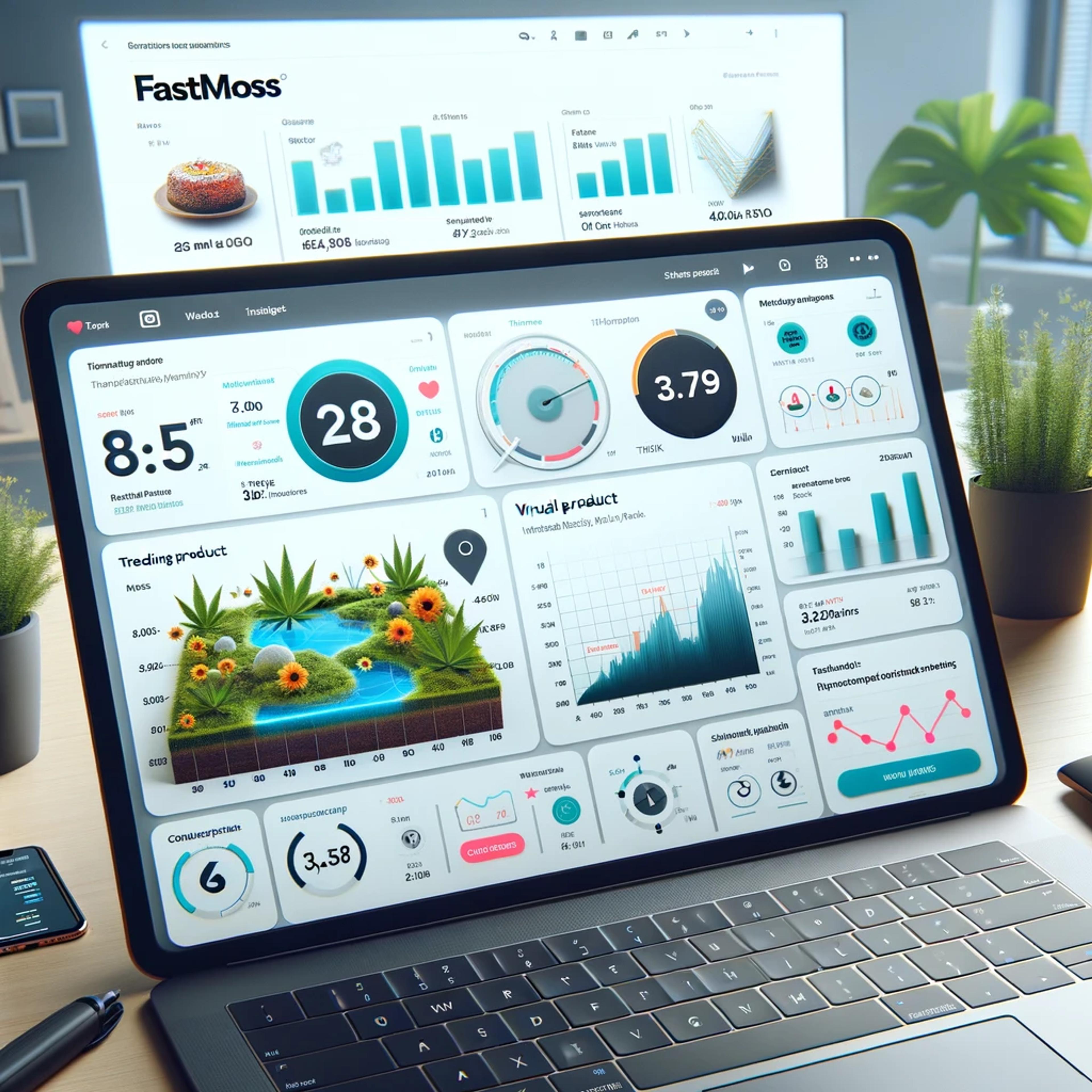Illustration of a laptop presenting TikTok analytics on FastMoss software