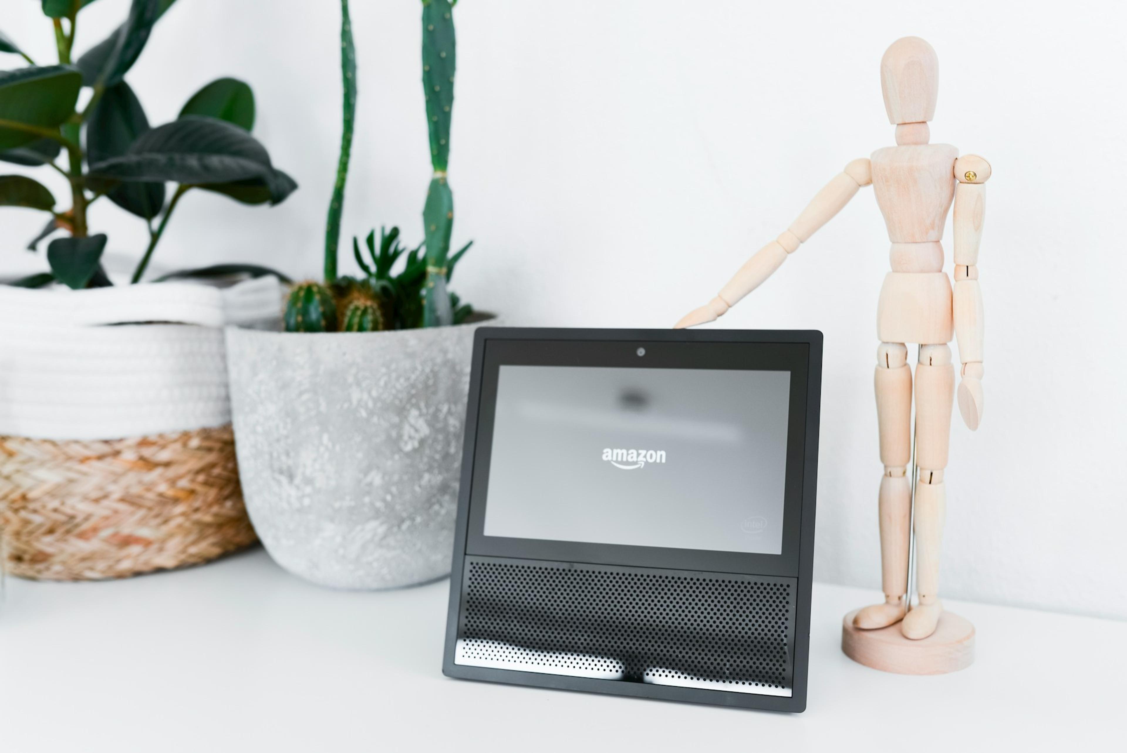 Image of a doll pointing at an Amazon branded speaker gadget on a shelf