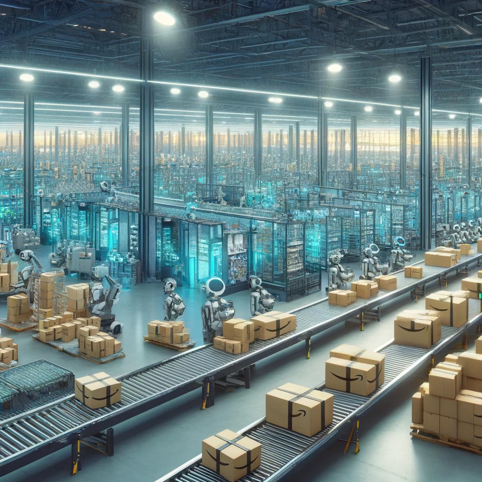 futuristic and bustling Amazon fulfillment center with automated robots.