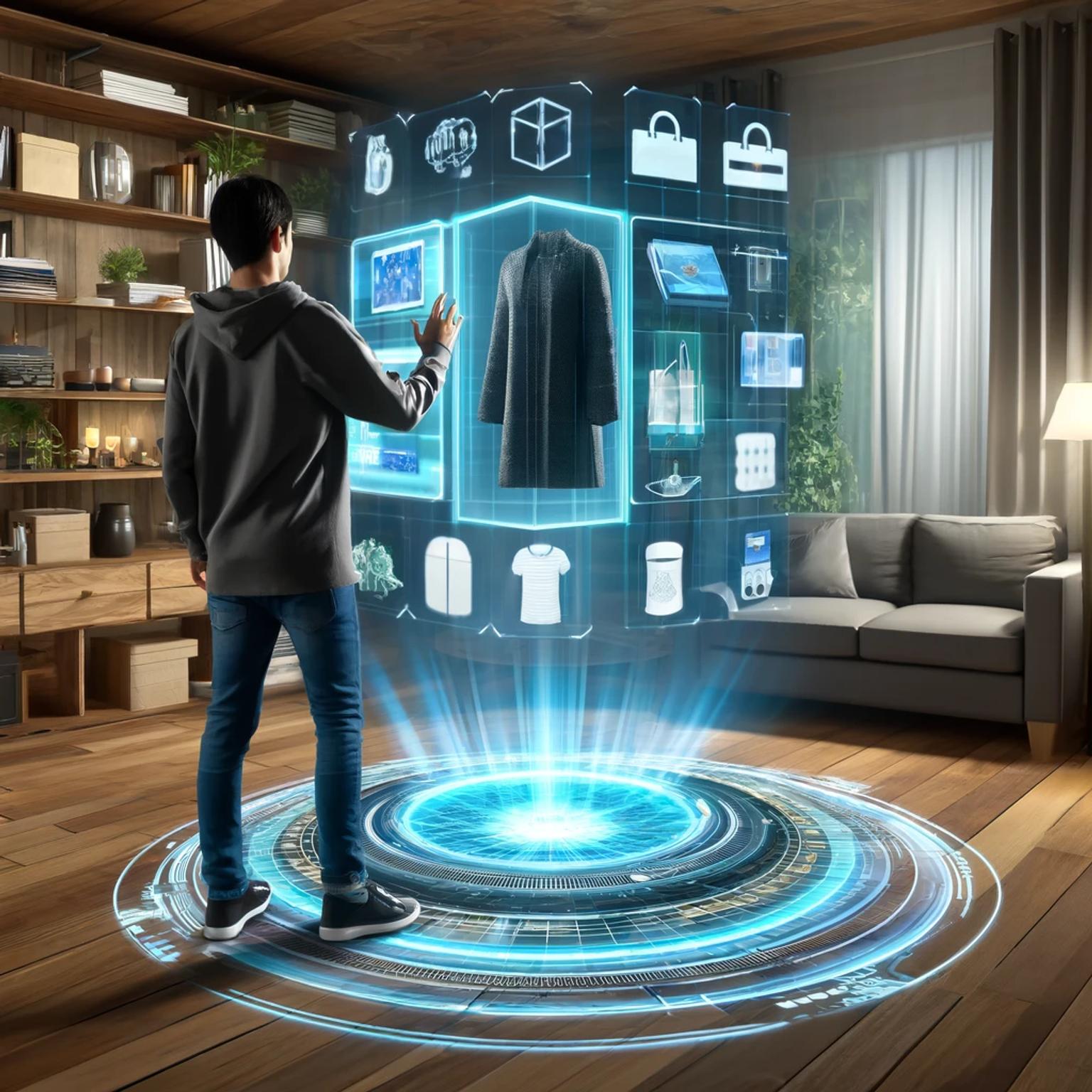 User interacts with 3D holographic product displays in a modern living room setting.