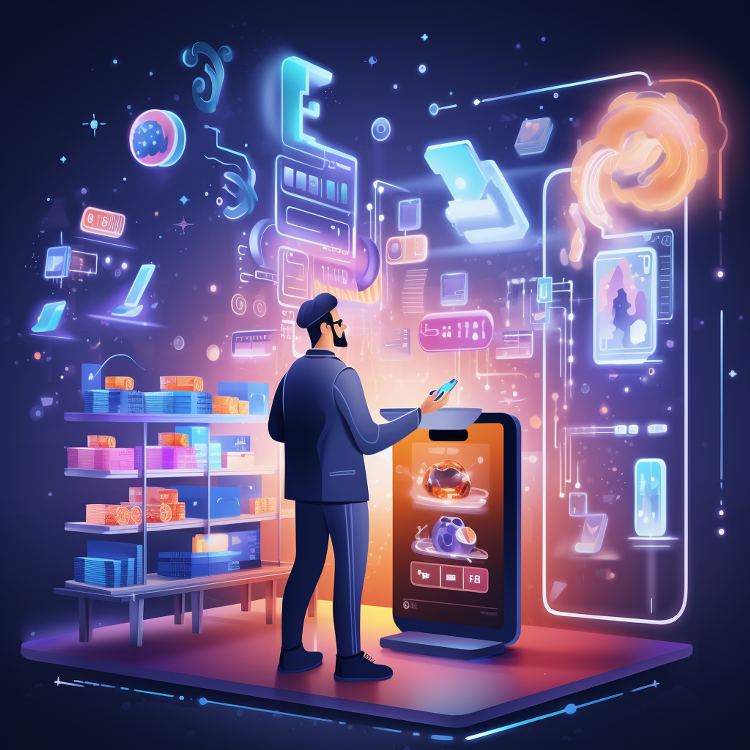 A man ordering a product on his cell phone, with e-commerce illustrations in the background