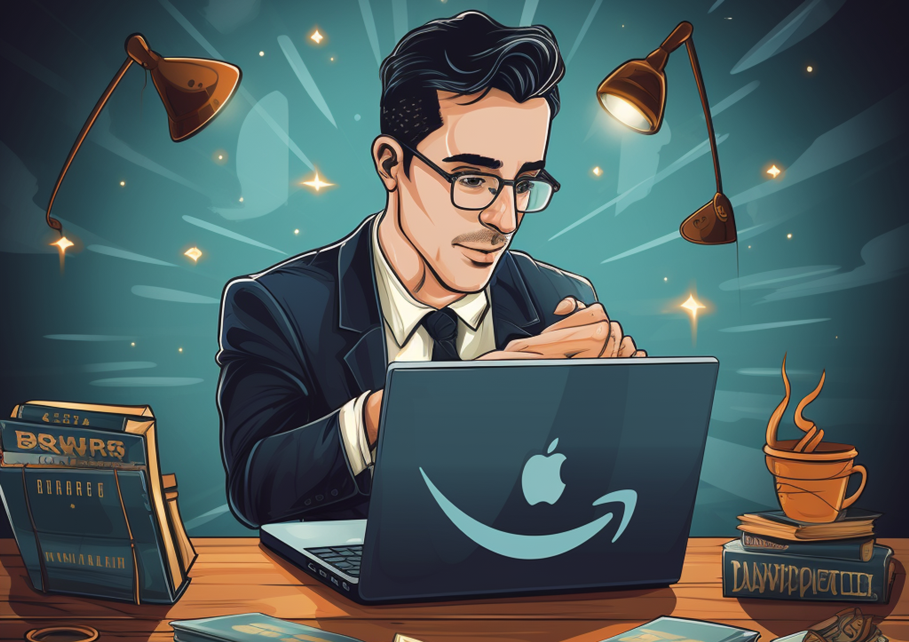 Illustration of a man sitting at a desk with an Amazon branded Macbook. 