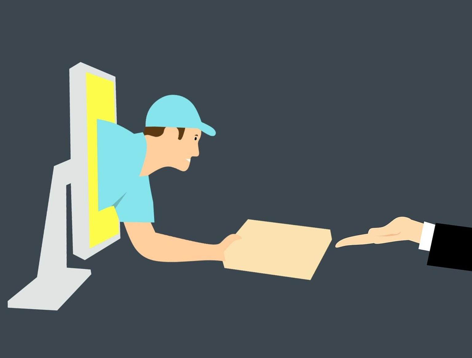 Animated person giving a package to a customer from a computer imitating drop shipping
