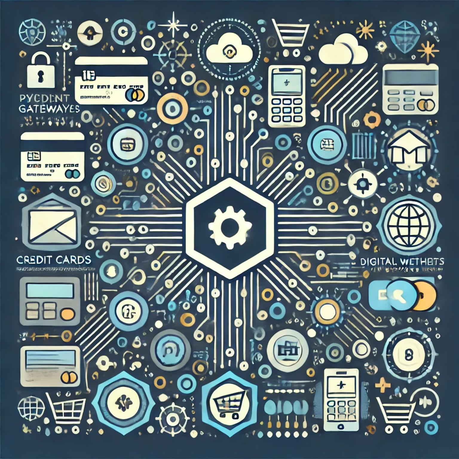 An abstract illustration of different payment gateways like credit cards, digital wallets and shopping carts.