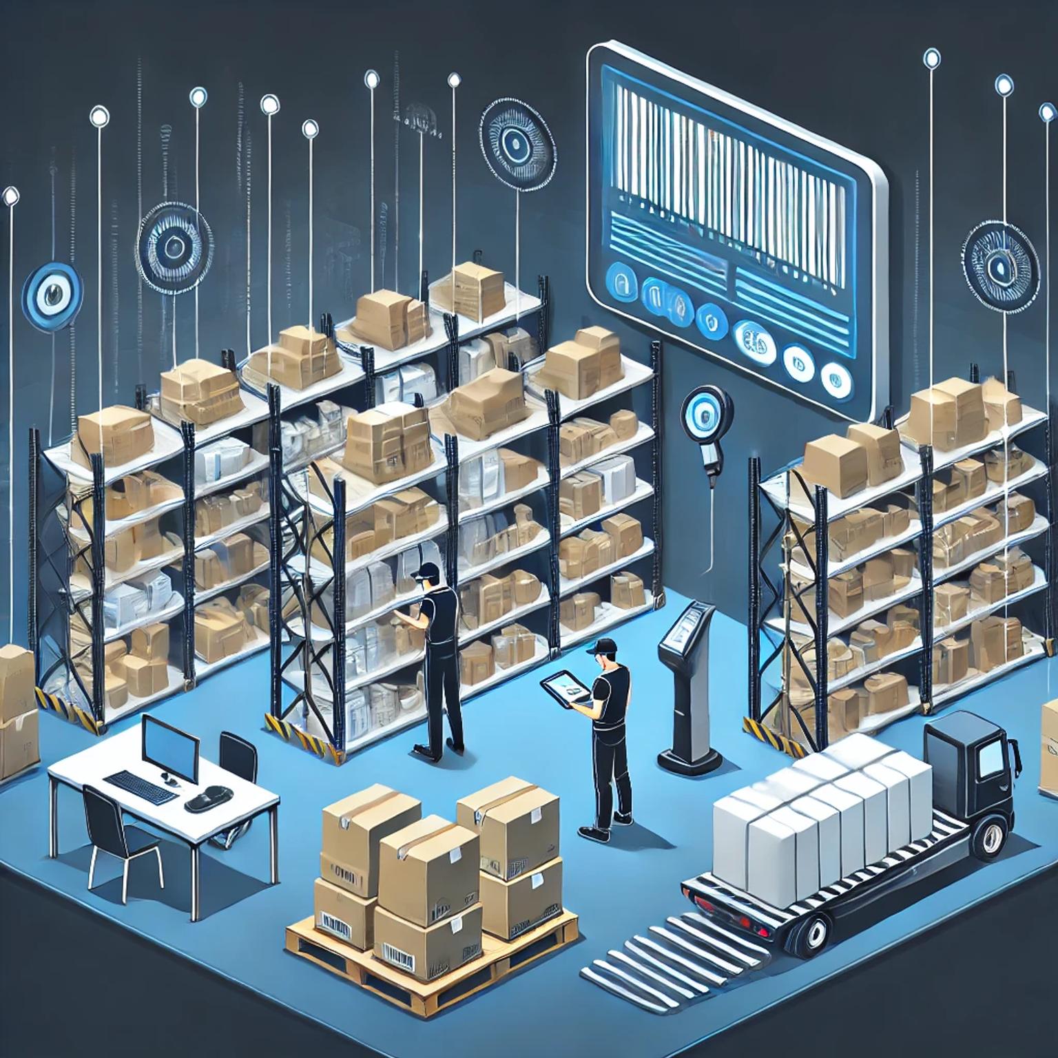 Illustration of a modern warehouse with workers using automated barcode scanning systems