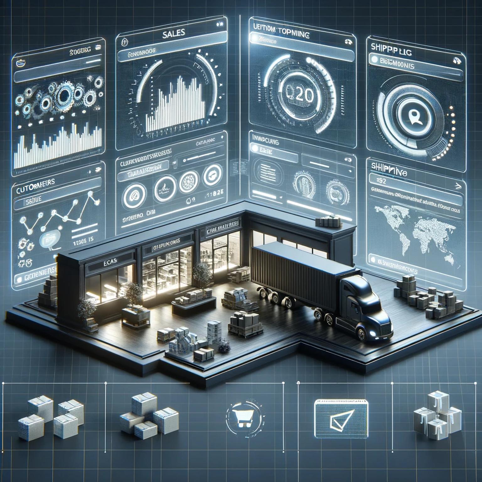 Modern and sleek eCommerce dashboard showing automated systems managing sales data, inventory, customer interactions, and shipping statuses, exemplifying a high-tech and efficient online business operation.