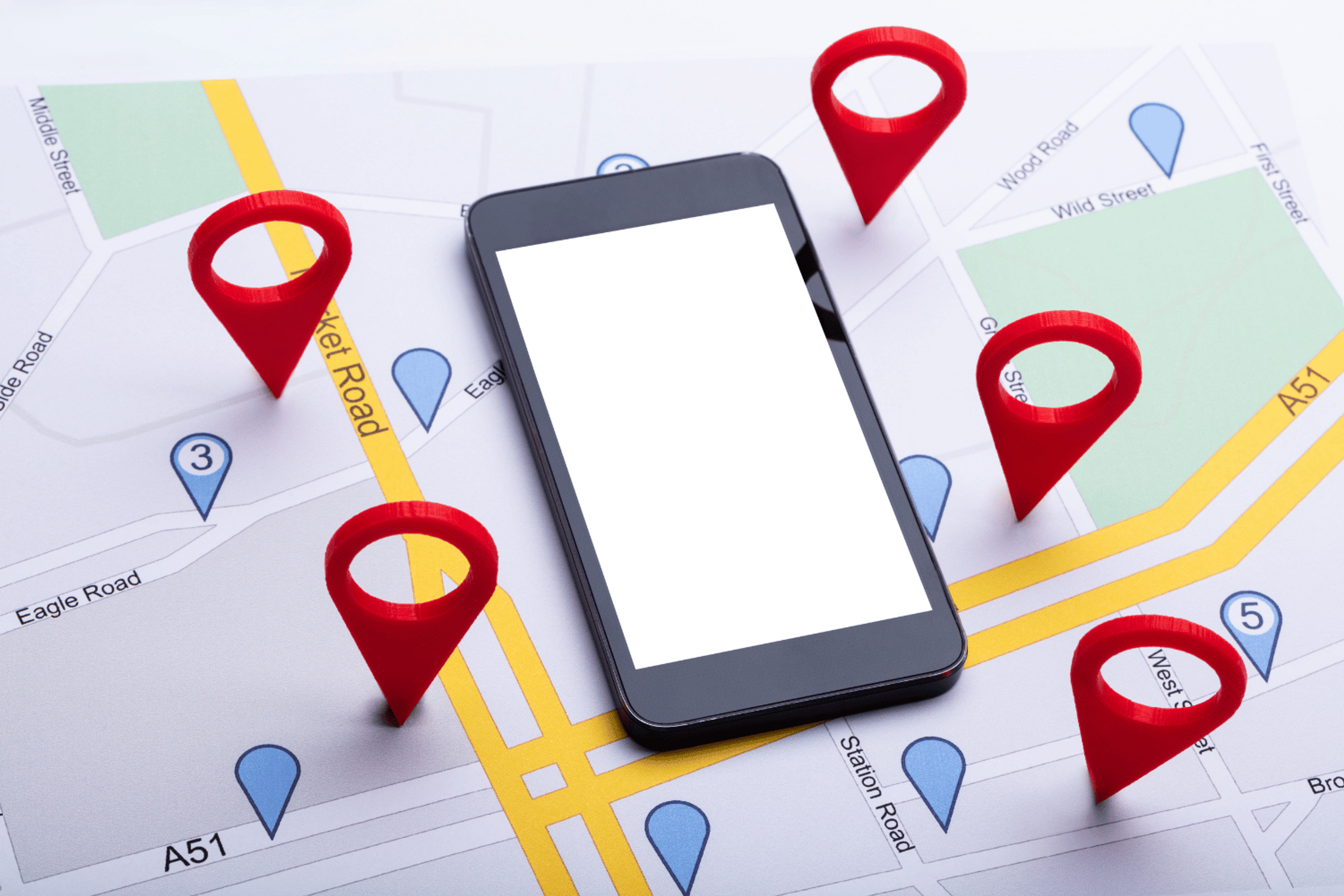 Smartphone featuring places on a map.
