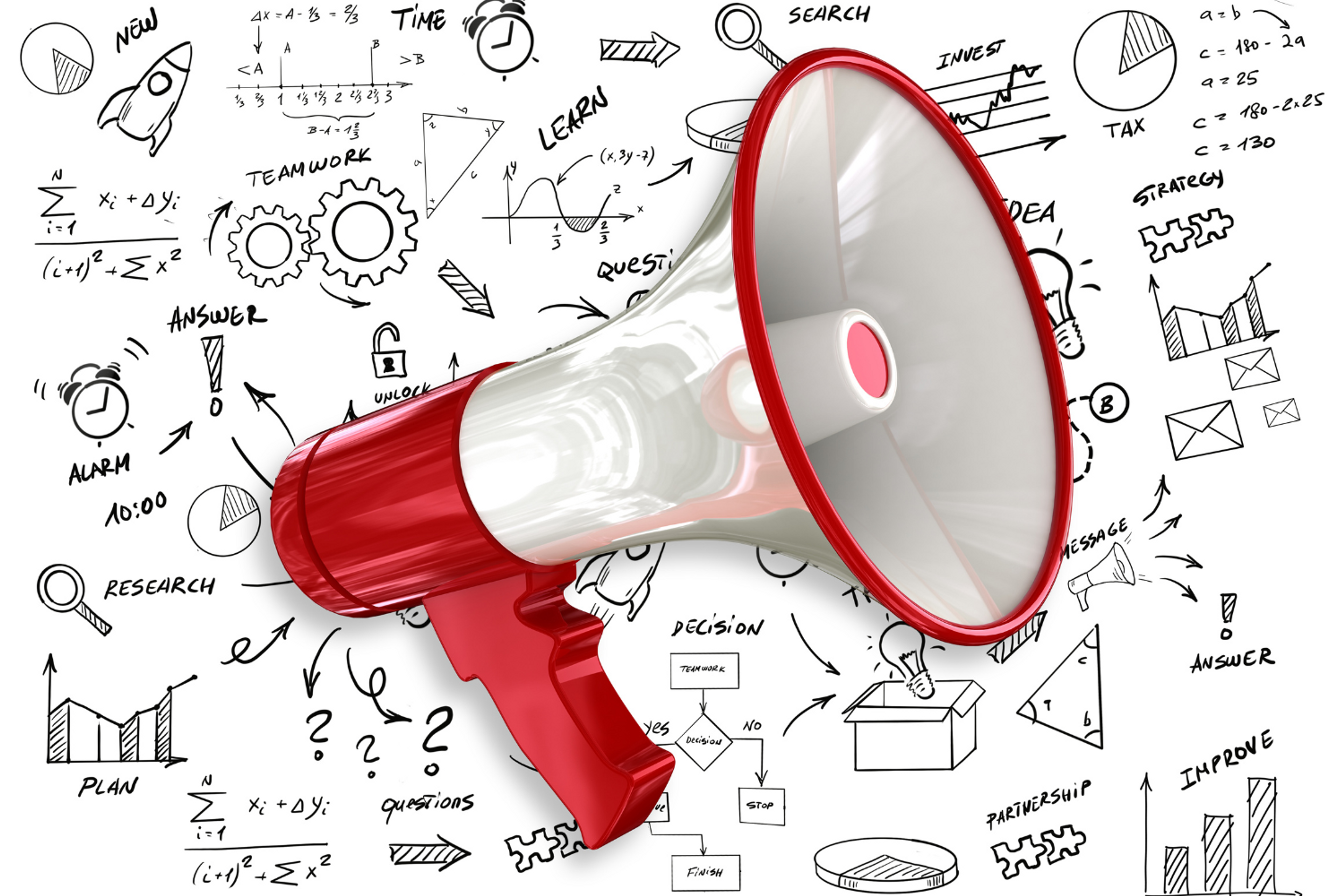 Illustration of a horn and a business plan emphasizing business reach.