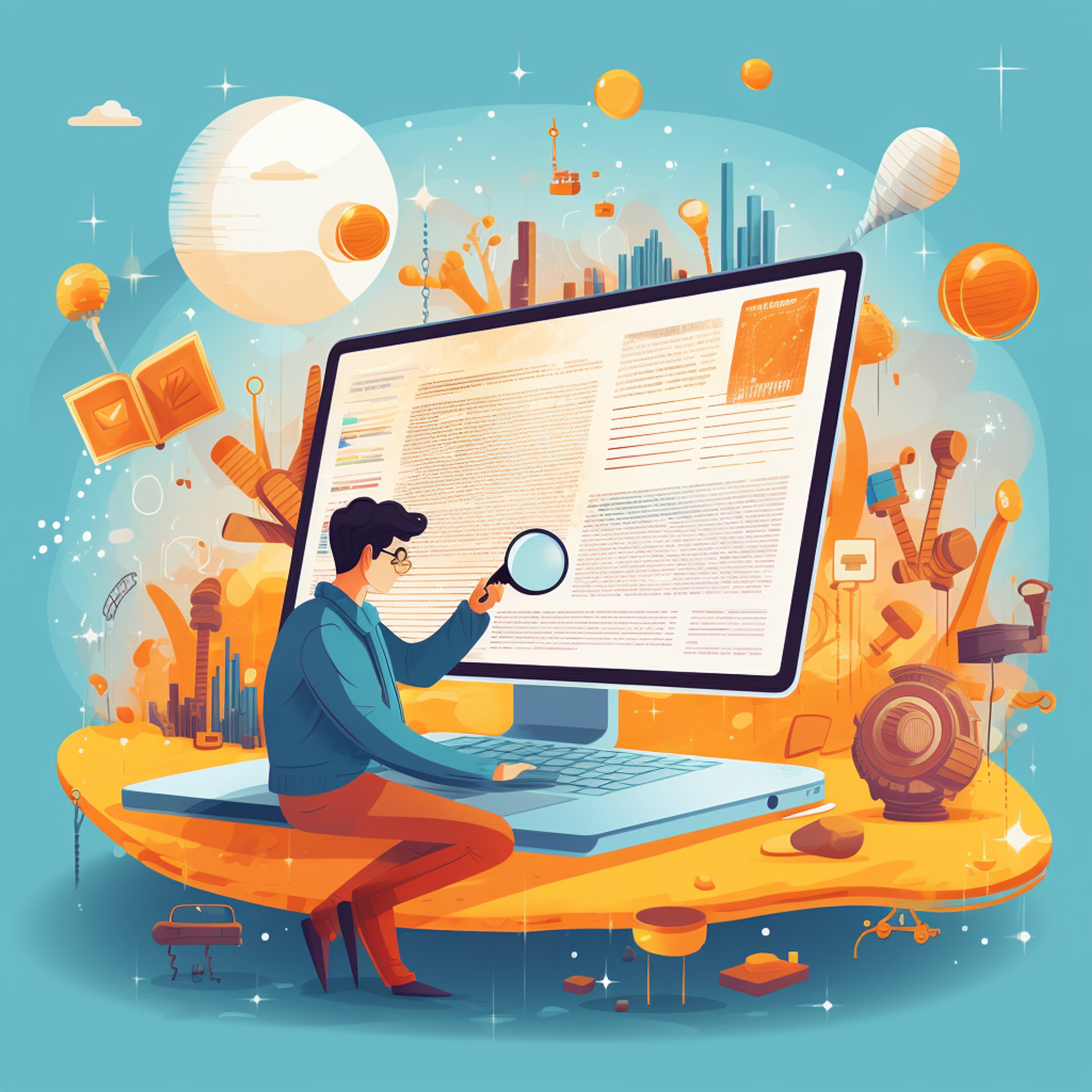 Illustration of a character trying to do research among keywords on his giant personal computer.