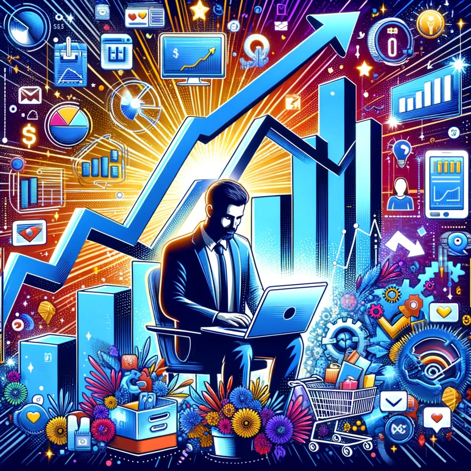 Small business owner views upward trends on laptop amidst eCommerce icons.