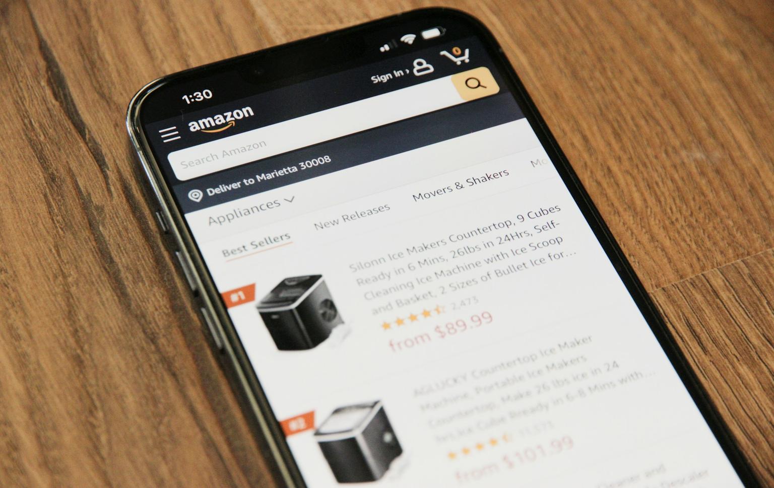 Image of a smartphone showing ecommerce products on Amazon Marketplace app 