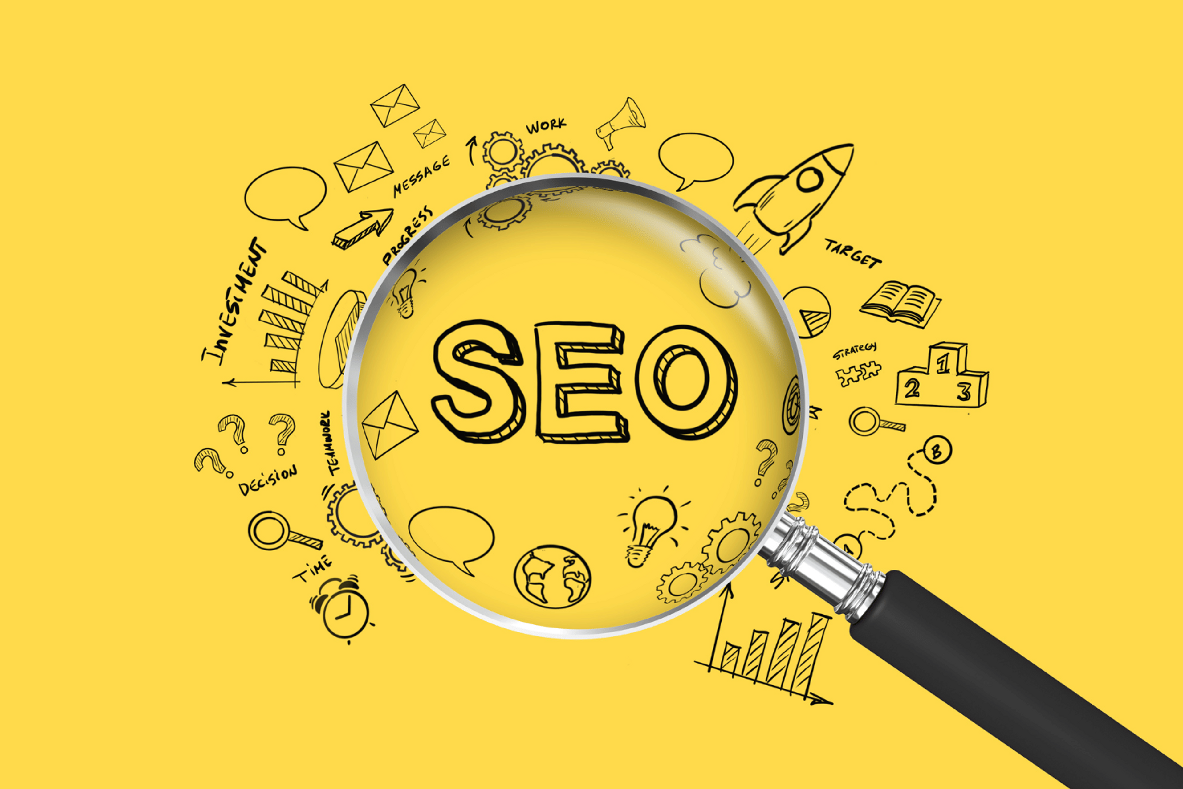 Image of a magnifier highlighting SEO among marketing illustrations.