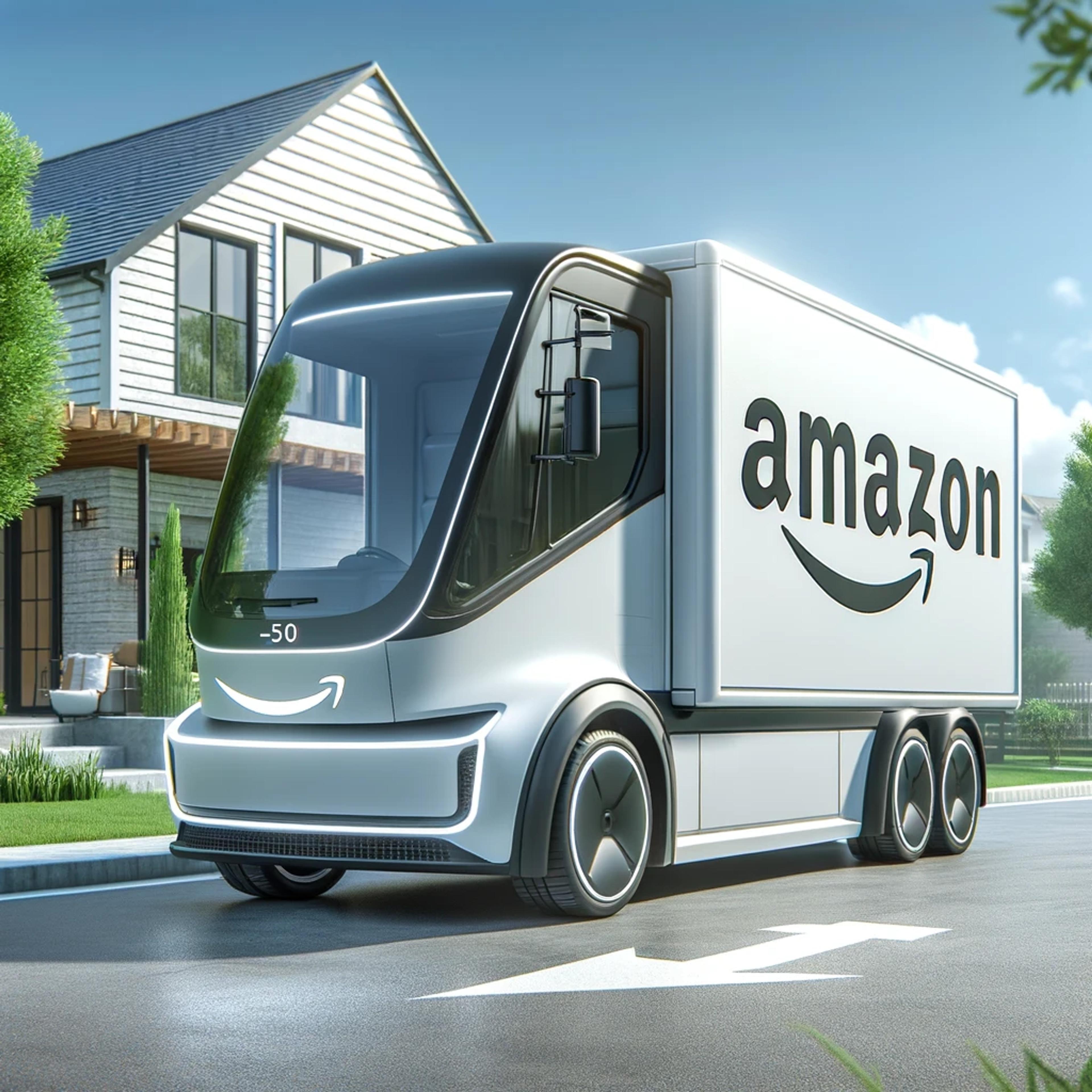 A digital visualization of an eco-friendly Amazon delivery truck, highlighting sustainability in delivery services.