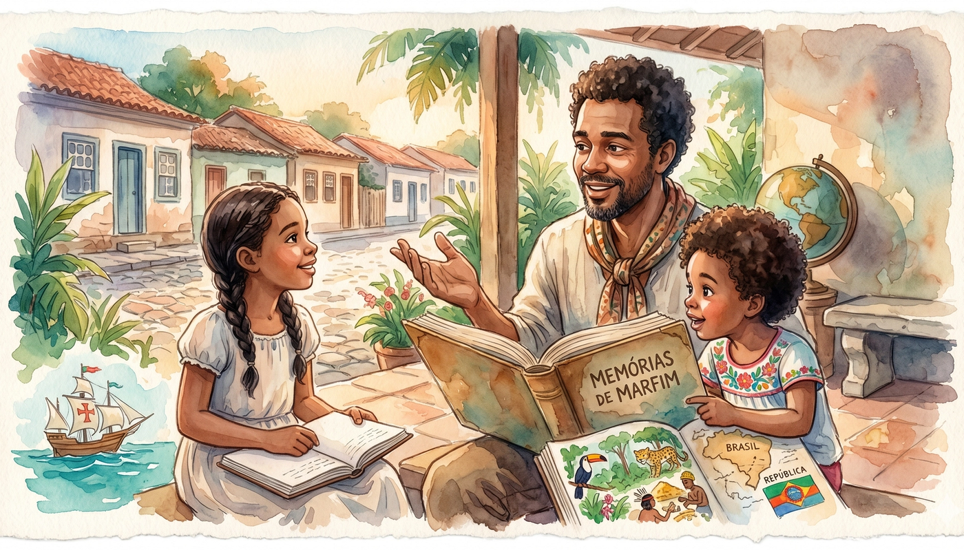 Aquarela terna de pai contando histórias para filhas, com livro e elementos da história brasileira.