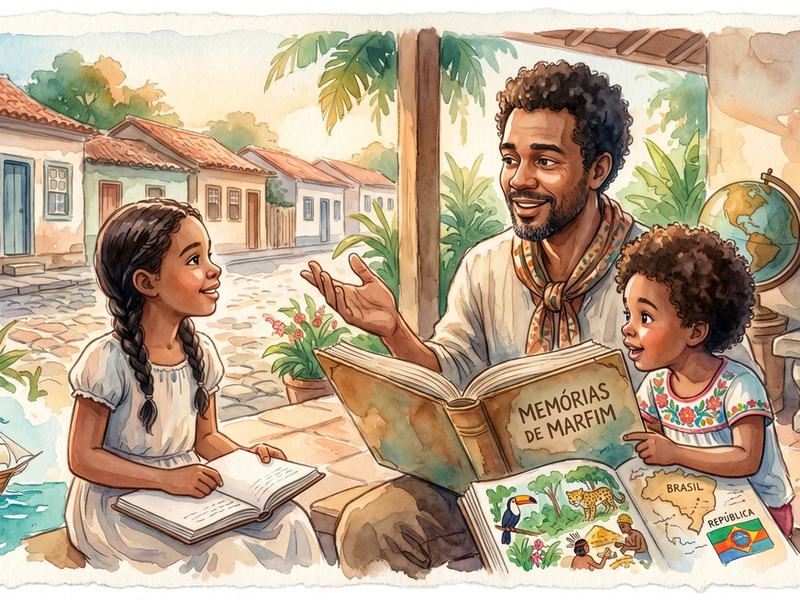 Aquarela terna de pai contando histórias para filhas, com livro e elementos da história brasileira.