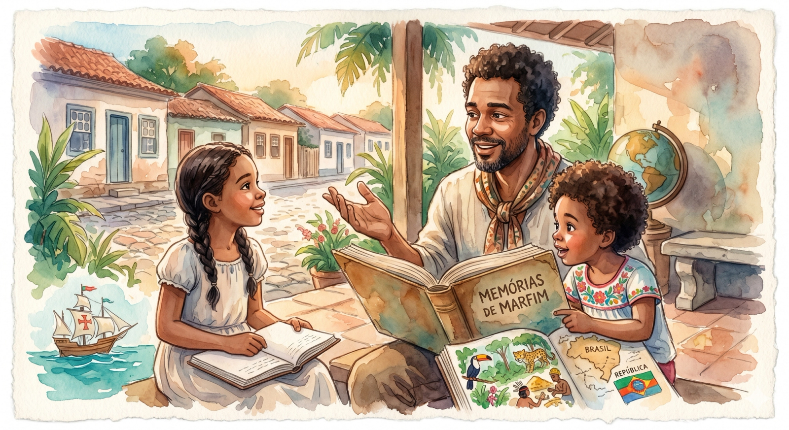 Aquarela terna de pai contando histórias para filhas, com livro e elementos da história brasileira.