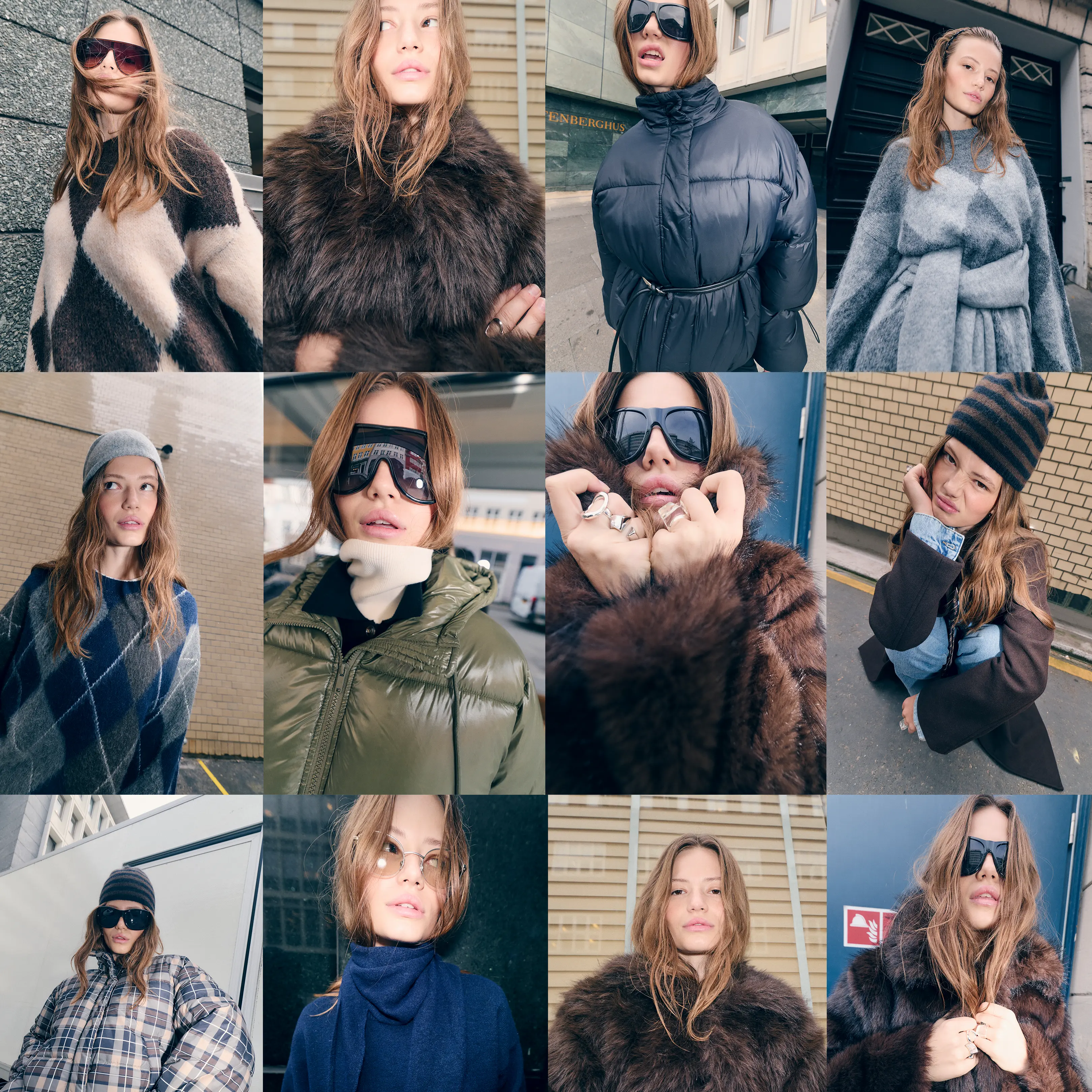 Collage of a woman modeling winter coats, sweaters, beanies and sunglasses in an urban setting