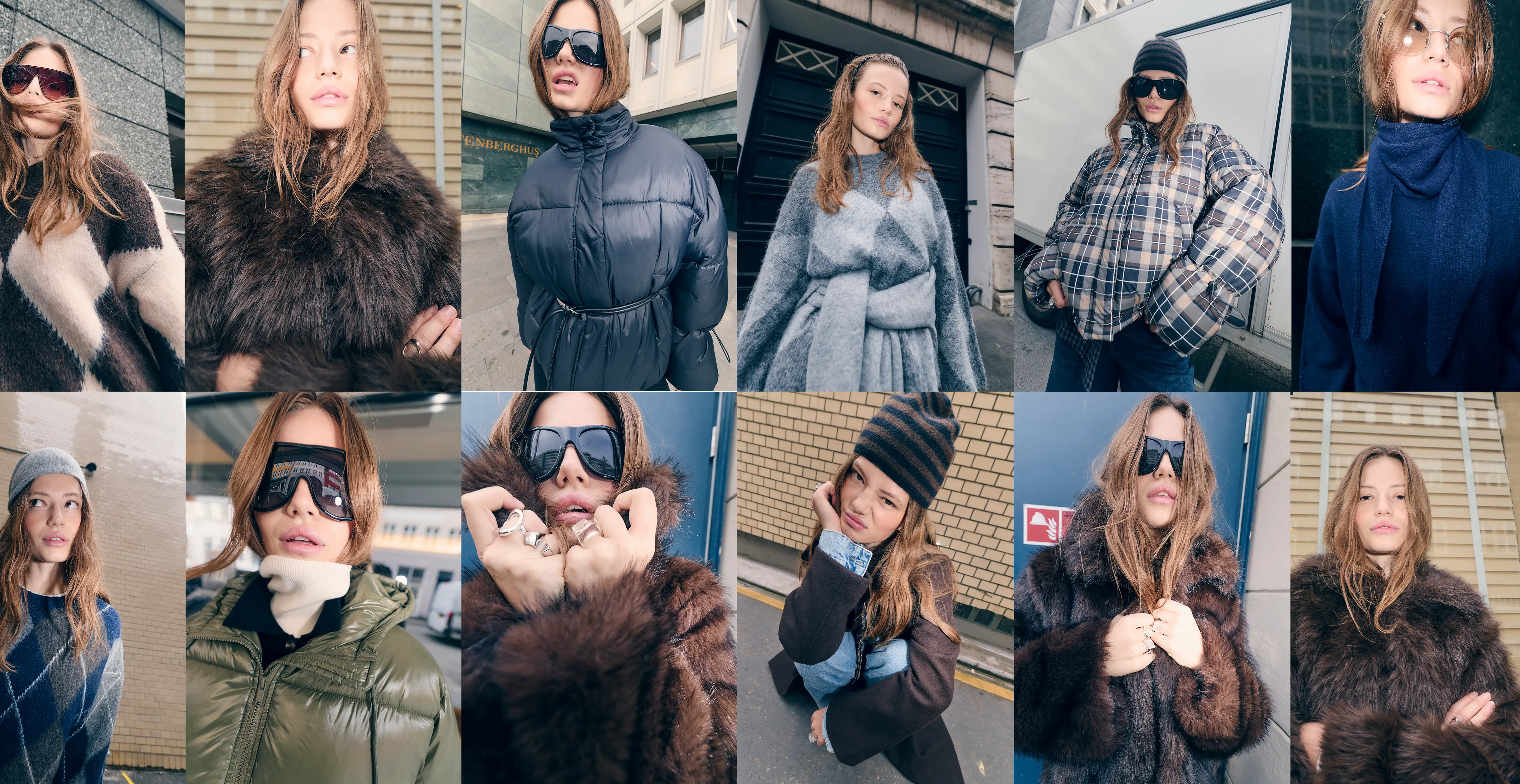 Women model cozy winter street style in puffer jackets, faux fur and knitwear collage