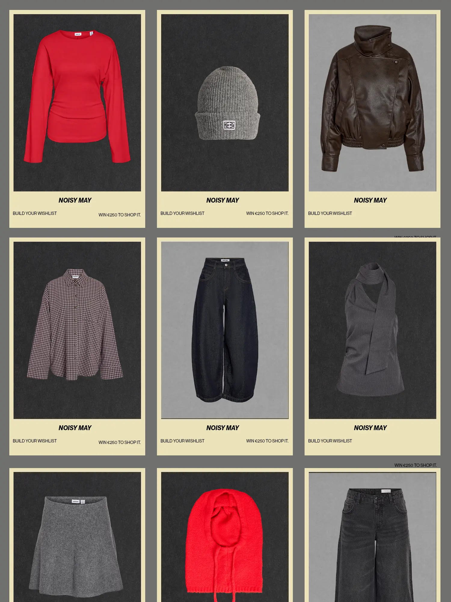 Noisy May damesmode met rode top, leren jas, jeans, muts en gebreide rok in productraster