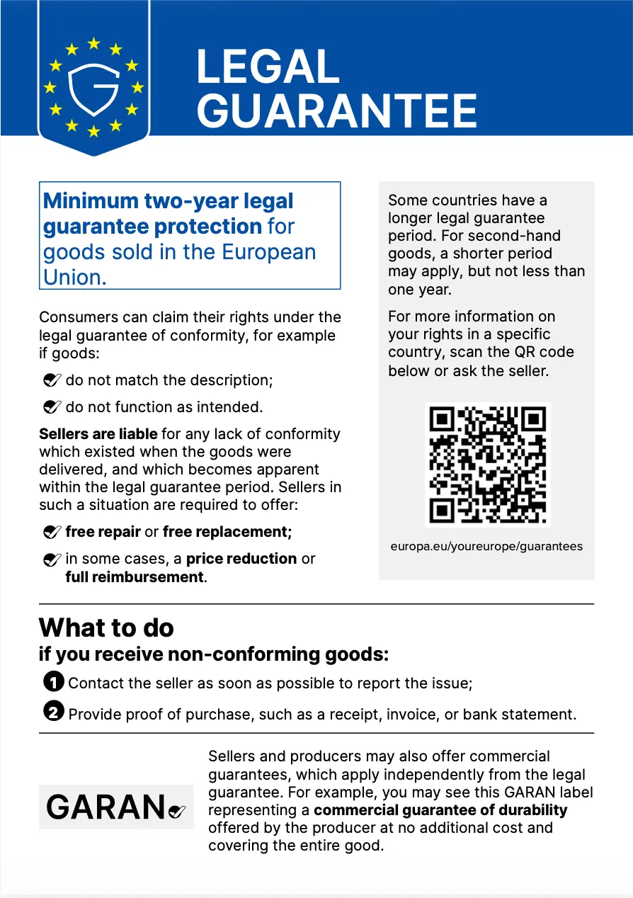 EU legal guarantee: 2-year protection, free repair, replacement or refund; QR to europa.eu