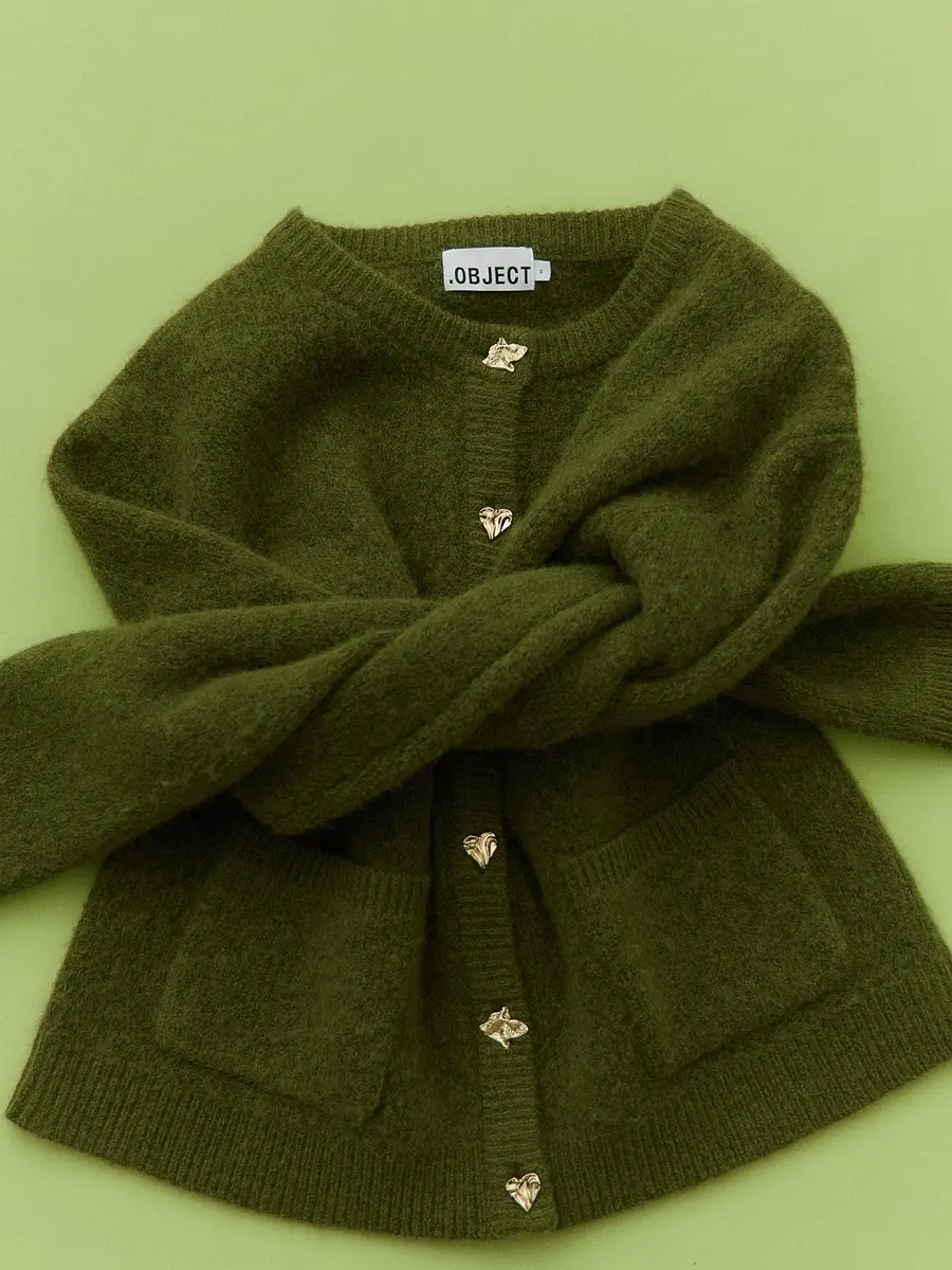 Fuzzy olive green knitted cardigan with gold heart buttons and pockets