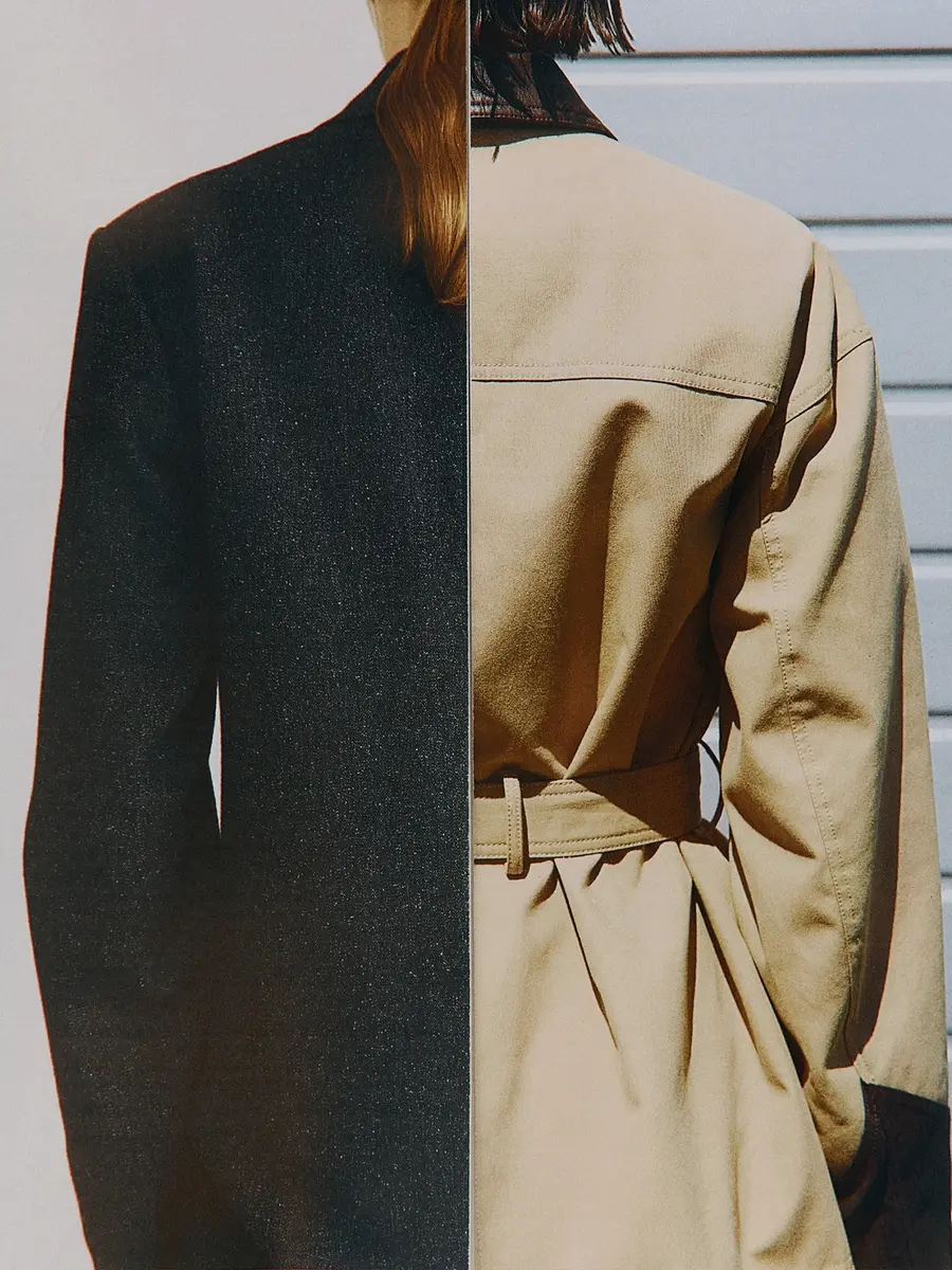Persona con chaqueta dividida negra y beige con cinturón, vista trasera