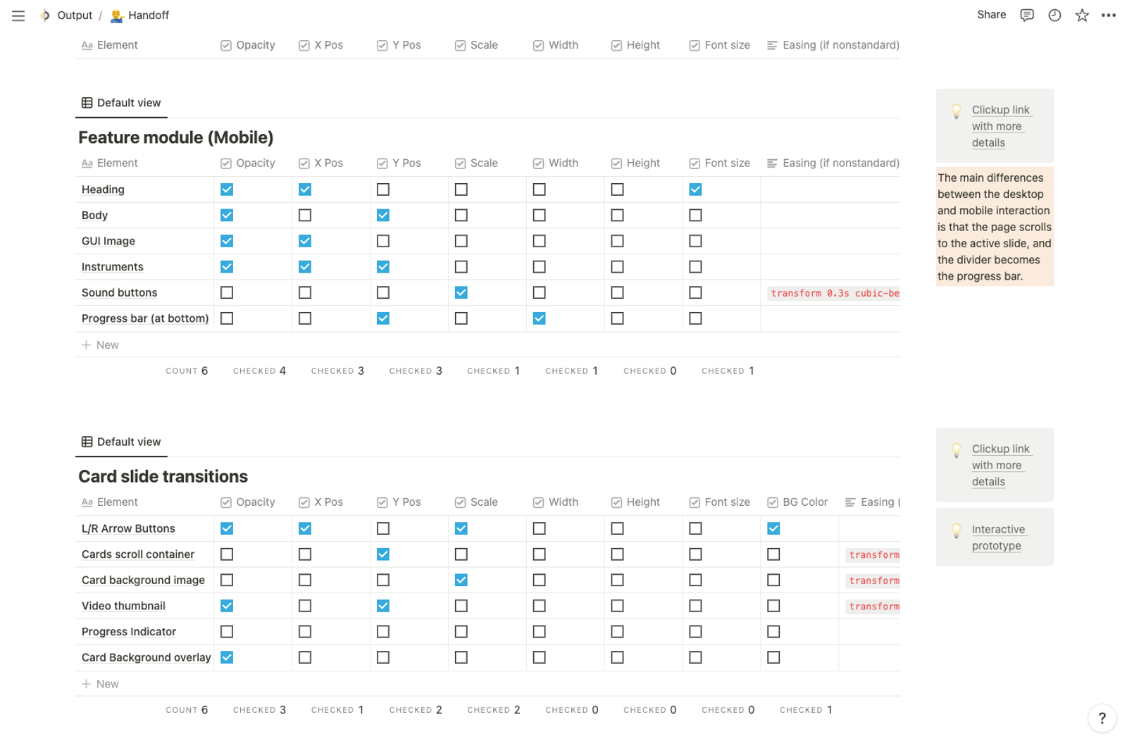 Notion handoff spreadsheet featuring robust documentation of animations