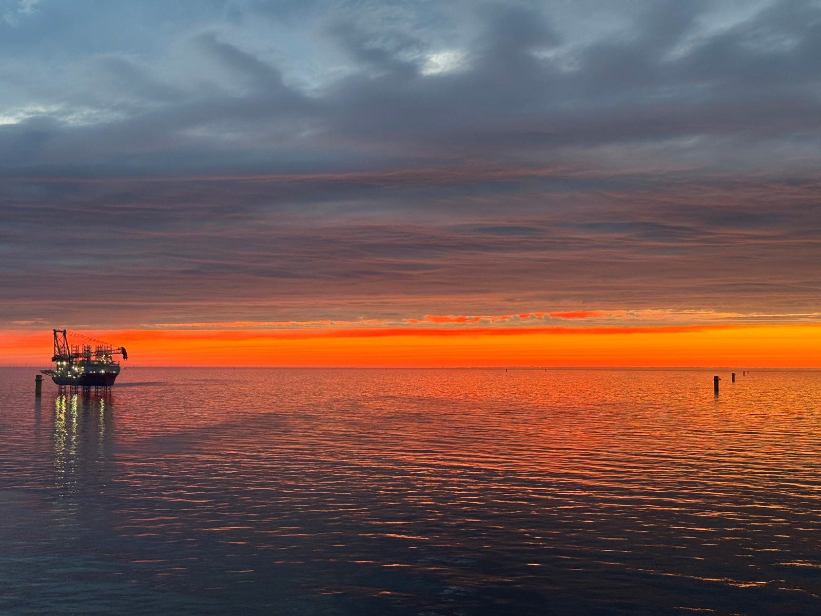 Offshore lift vessel at sunset