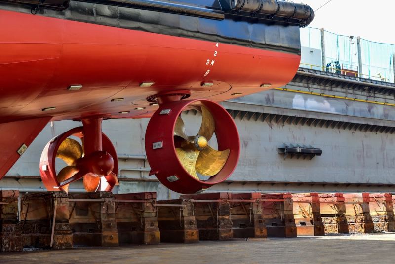 Vessel propellers and stern gear exposed in dry dock