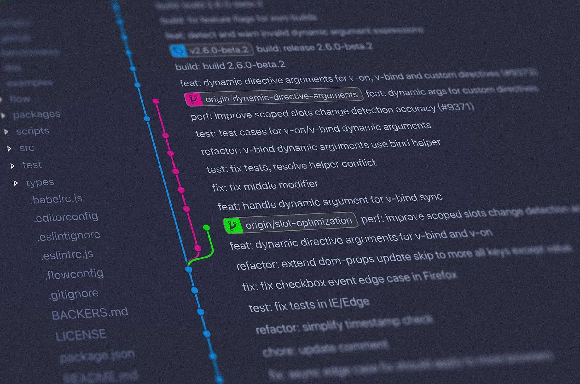 Code editor showing git commit history