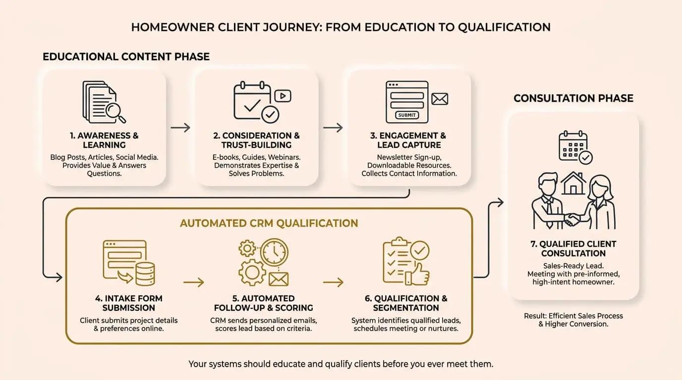 A process flow showing how content and automation qualify construction leads.