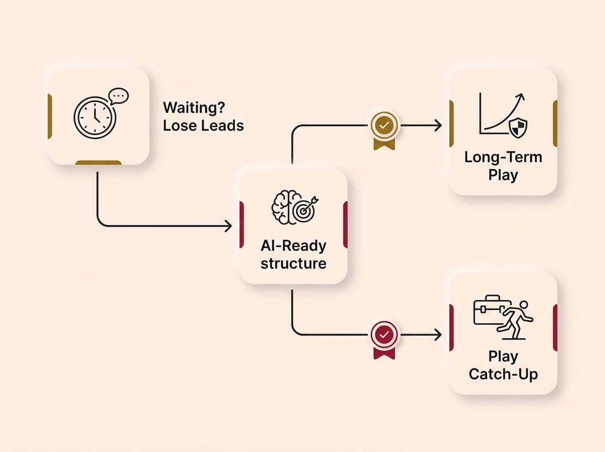 A conceptual infographic diagram on a cream background, rendered in a Soft UX neumorphic style with floating shadows. The layout shows a direct visual flow from a ticking clock 'Waiting?' icon to a central 'AI-Ready structure' icon. This central point branches into two paths: a gold-accented path leading to a 'Long-Term Play' card with an exponential growth chart, and a crimson-accented path leading to a 'Play Catch-Up' card with a stumbling figure. The diagram has minimalist single-stroke icons and clear, legible sans-serif labels, illustrating the logical choice between preparing for the future or falling behind.