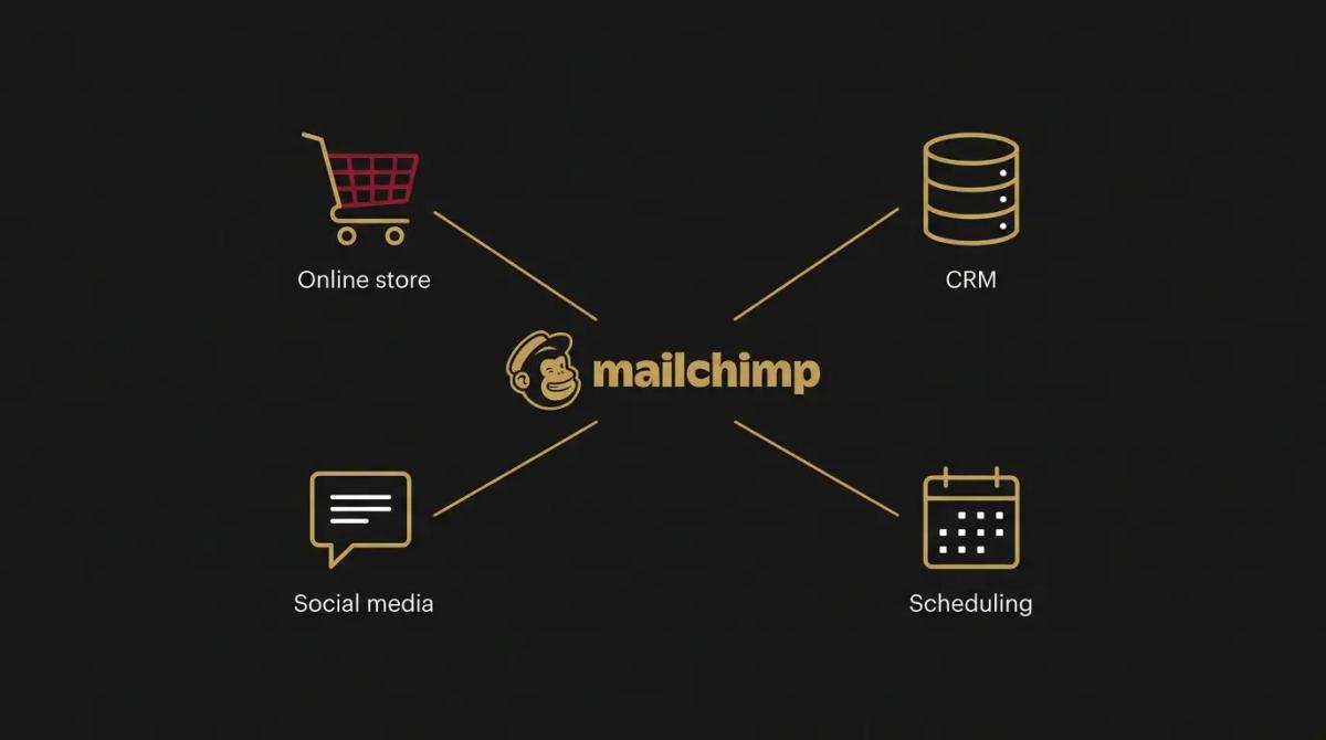 a diagram of Mailchimp connected to an Online store, CRM, Social media, and Scheduling