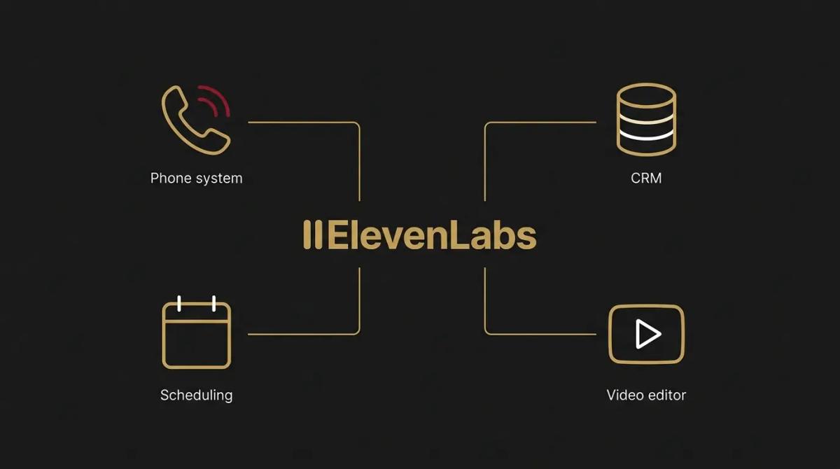 a diagram of ElevenLabs connected to a phone system, a CRM, scheduling software, and a video editor.