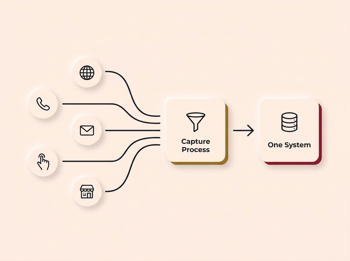A conceptual infographic diagram on a cream background, rendered in a Soft UX neumorphic style with floating shadows. On the left, six scattered circular badges feature single-stroke icons representing various lead sources like web, phone, and social. Lines from all sources flow rightwards, converging into a central "Capture Process" funnel card with a gold accent. A single arrow points from the funnel to a final "One System" card on the right, accented in crimson, illustrating the need to funnel all chaotic inputs into a single organized database.