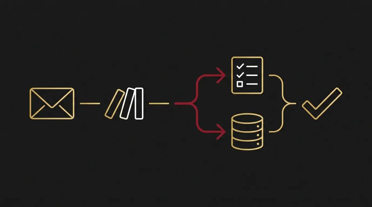 a process flow showing an incoming email being sorted into multiple automated paths.