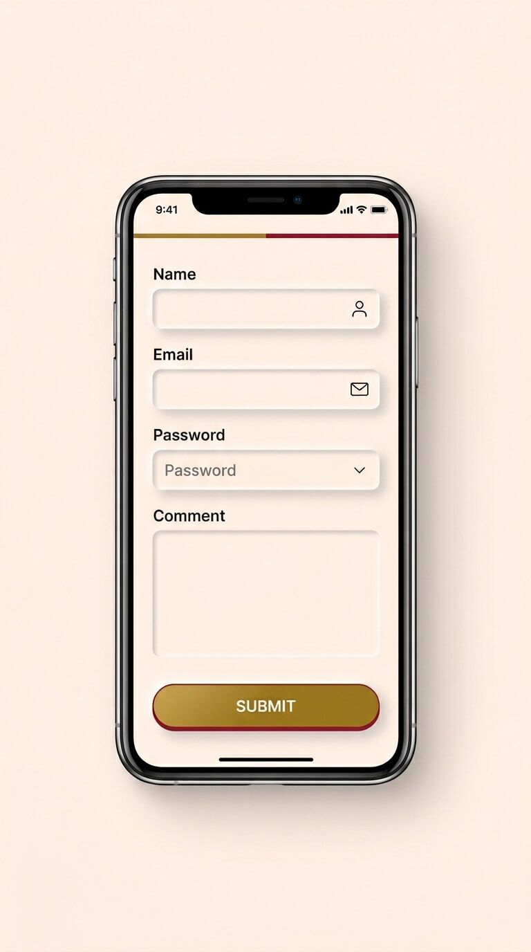 A single modern smartphone centered on a cream background, rendered in a Soft UX neumorphic style with floating shadows. The phone screen displays an optimized mobile interface featuring stacked form fields for 'Name' and 'Email' positioned near the bottom for easy thumb access, illustrating vertical content flow. A prominent, full-width 'SUBMIT' button with gold and crimson accents sits at the very bottom, designed for a single tap, with minimal charcoal sans-serif labels and single-stroke icons.