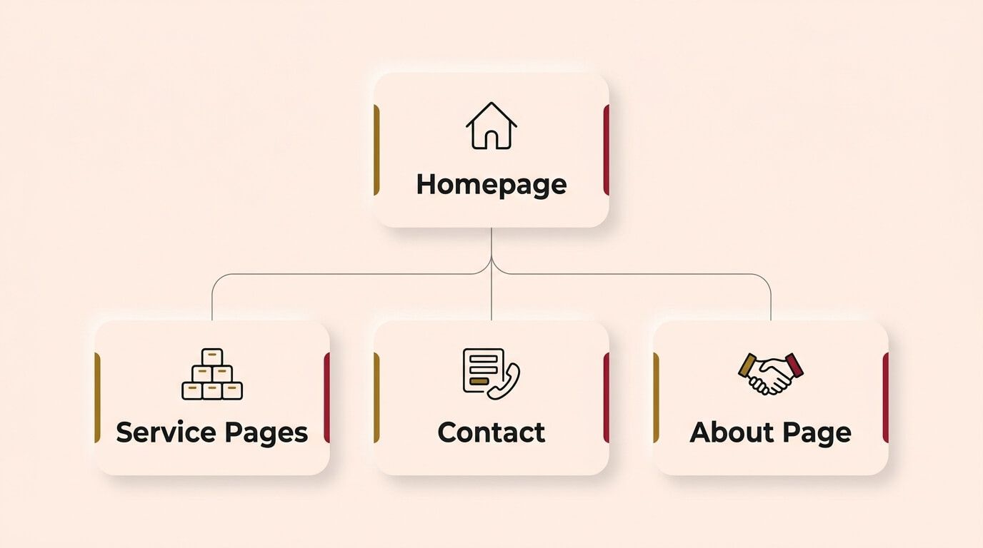 A top-down hierarchical flowchart on a cream background. A central "Homepage" card at the top branches down to three equally important pages below: "Service Pages", "Contact", and "About Page"