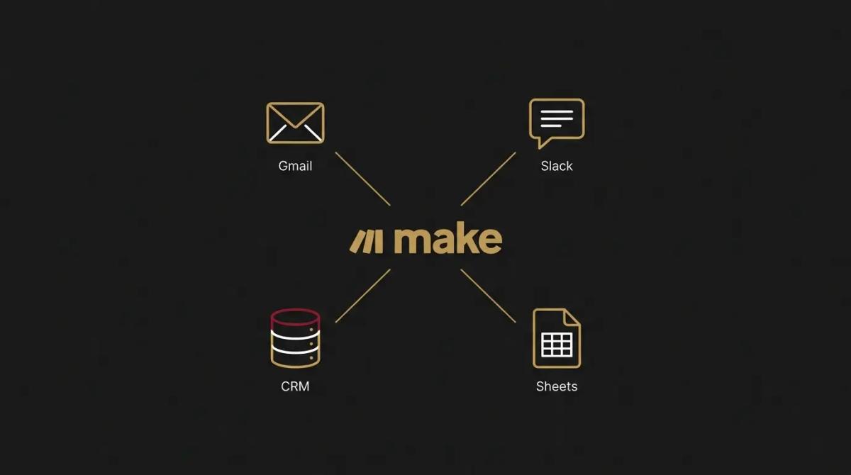 a diagram of Make connected to Gmail, Slack, CRM, and Sheets.