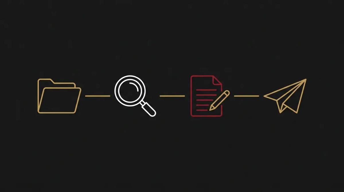 a process flow showing an email arriving, a reply being drafted and reviewed, and then sent.