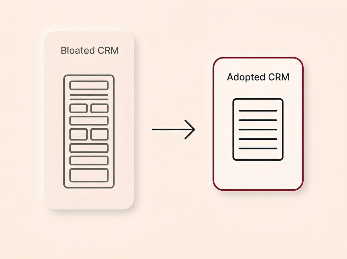 A conceptual infographic diagram on a cream background, rendered in a Soft UX neumorphic style with floating shadows. A side-by-side comparison shows a faded, tall "Bloated CRM" form with many fields on the left. A charcoal arrow points to a crisp, concise "Adopted CRM" form on the right. The right form features exactly six fields and an elegant crimson accent. The design visually contrasts the friction of complex data entry with the clarity of a streamlined system.