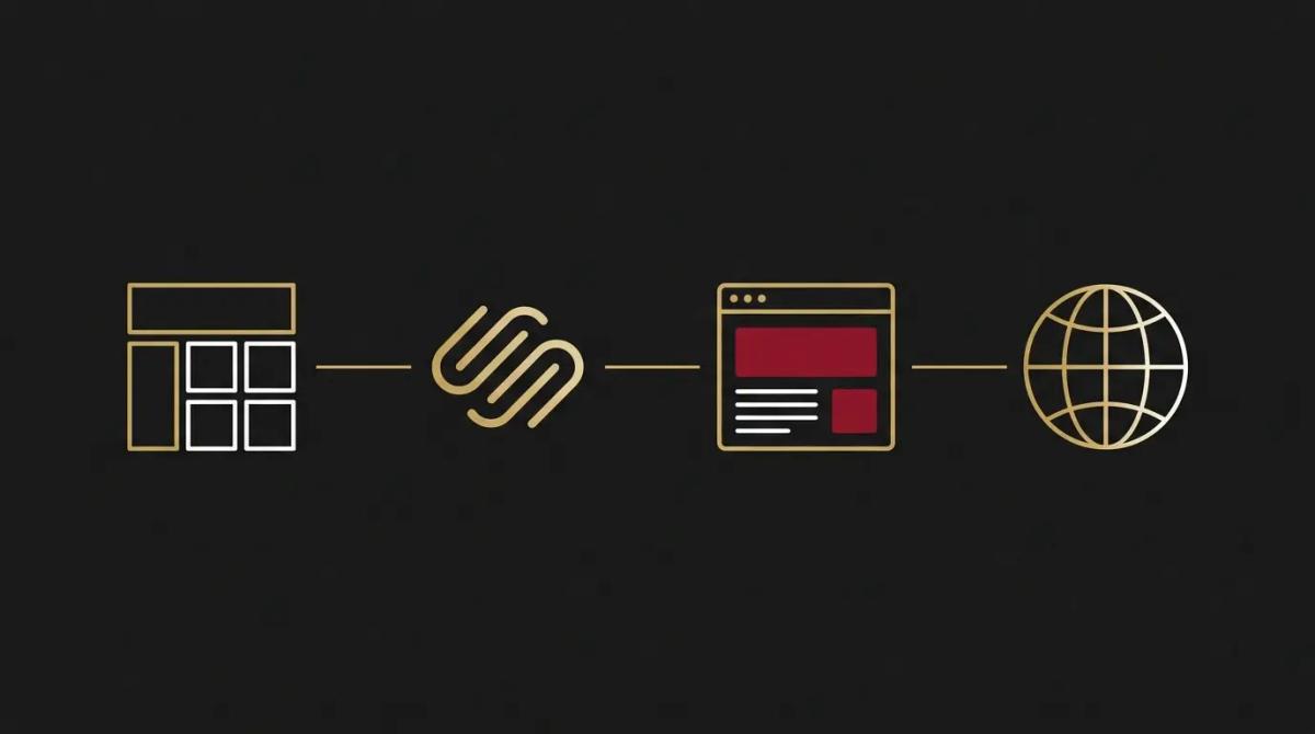 a process flow showing a blank layout becoming a styled webpage and launching to the live internet.