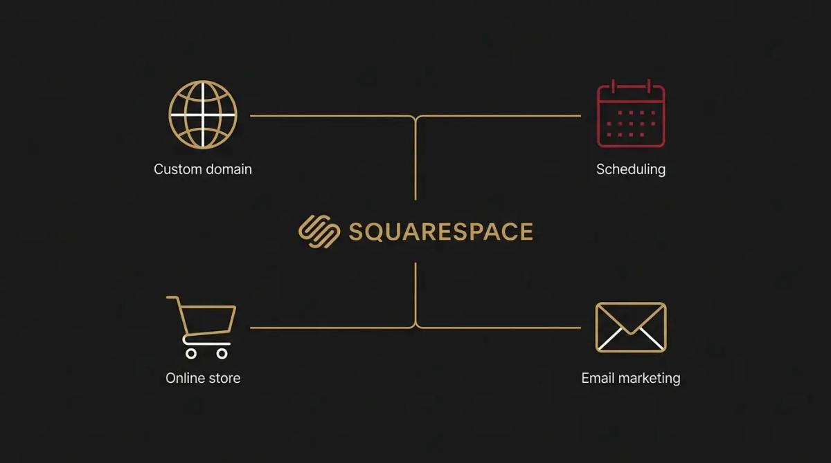 a diagram of Squarespace connected to a Custom domain, Scheduling, Online store, and Email marketing.