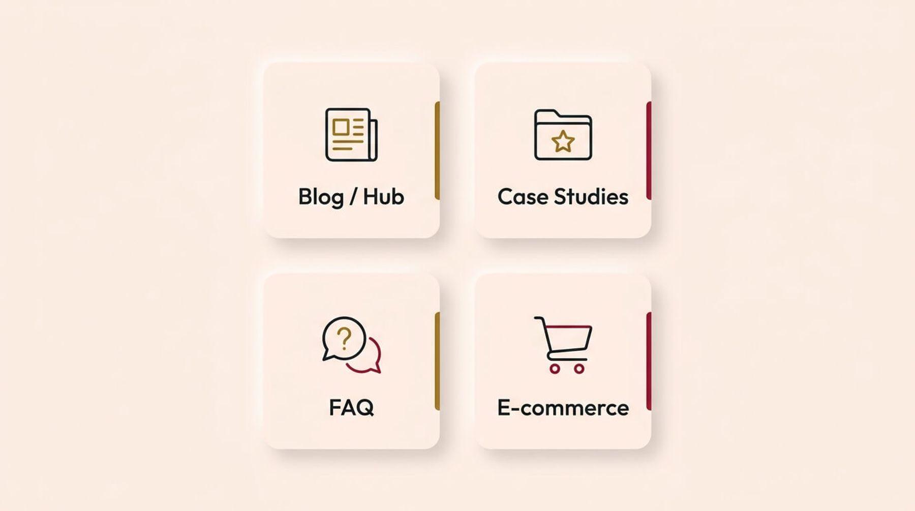 A 2x2 grid of soft neumorphic cards on a cream background, illustrating optional website pages. The cards feature single-stroke icons and are labeled "Blog / Hub", "Case Studies", "FAQ", and "E-commerce".