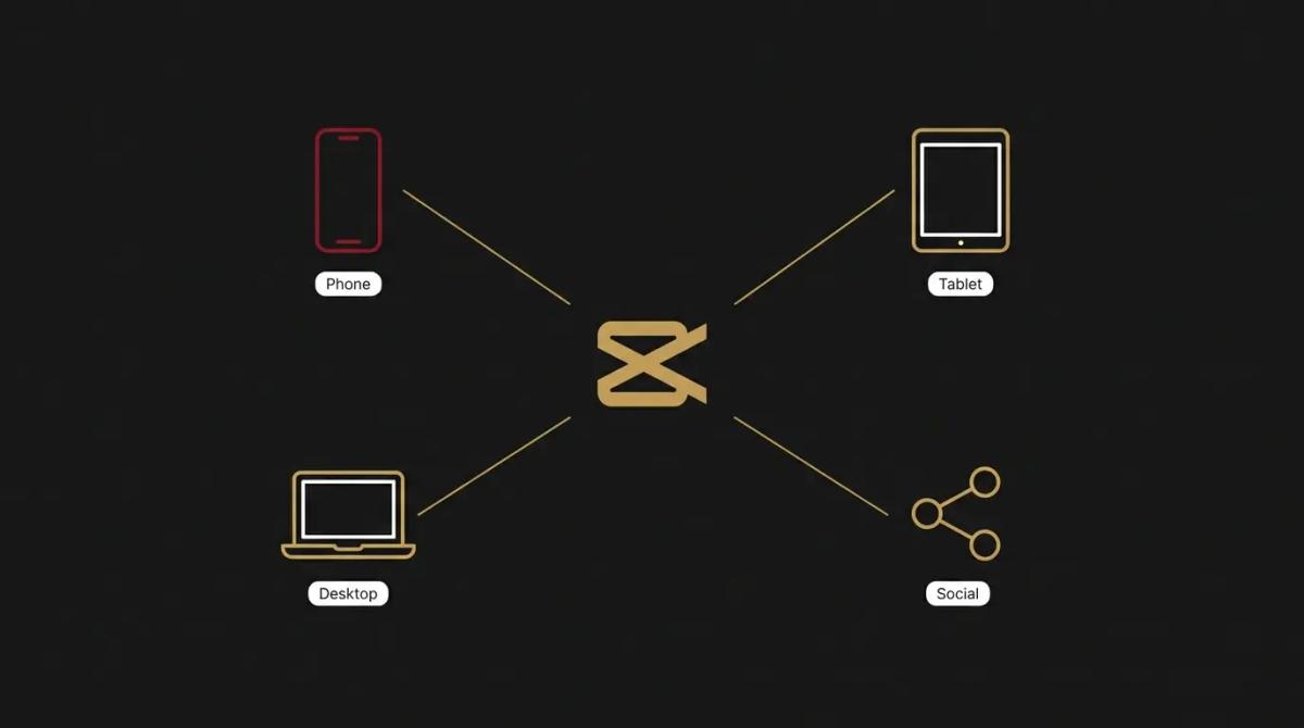 a diagram of CapCut connected to Phone, Tablet, Desktop, and Social platforms.
