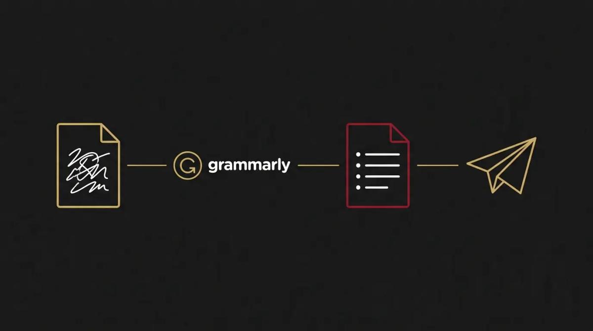 a process flow showing a messy draft checked by Grammarly and sent as a clean email.