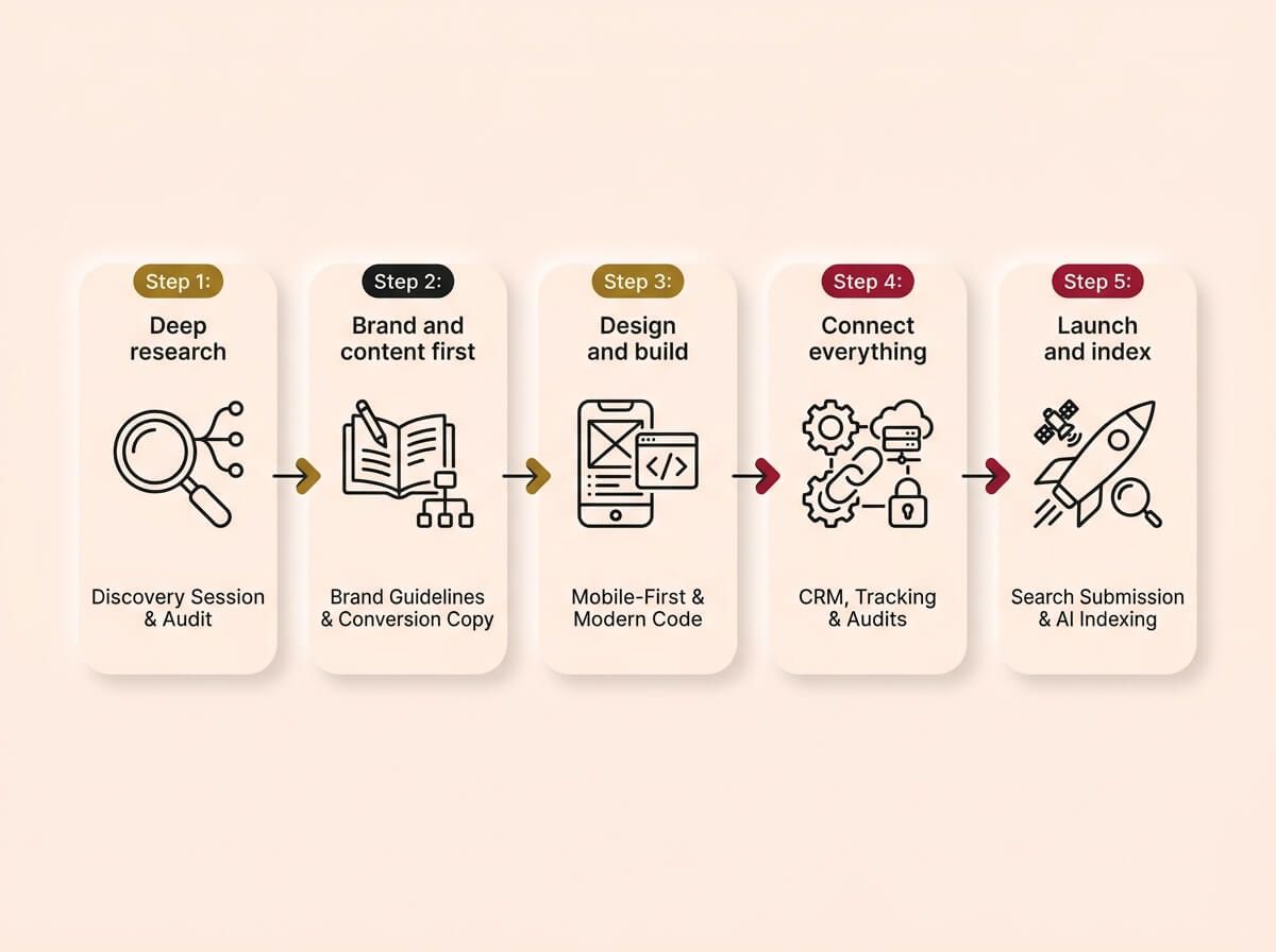 A horizontal 5-step flowchart on a cream background, rendered in a Soft UX neumorphic style with floating shadows. Each horizontally aligned card features a single-stroke icon and labels for: 'Step 1: Deep research' with discovery details, 'Step 2: Brand and content first' with guidelines details, 'Step 3: Design and build' with mobile-first details, 'Step 4: Connect everything' with connection details, and 'Step 5: Launch and index' with indexing details, flowing clearly from left to right.