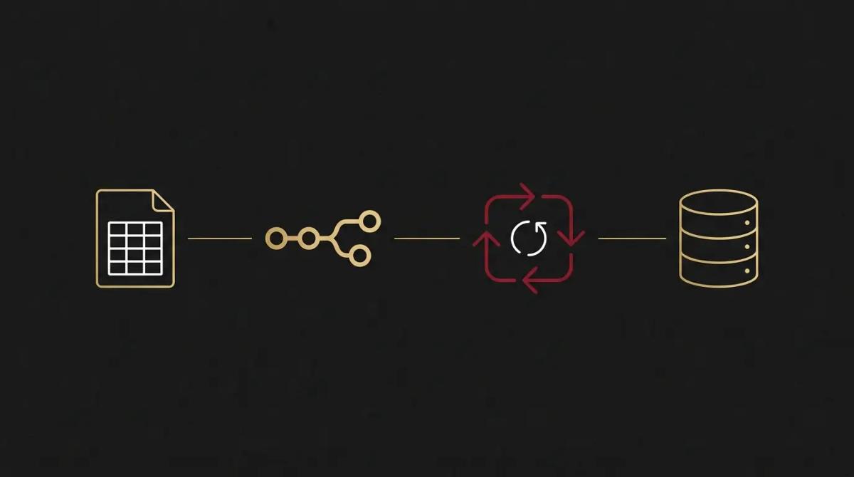 a process flow showing a data file being processed through a loop into a database.