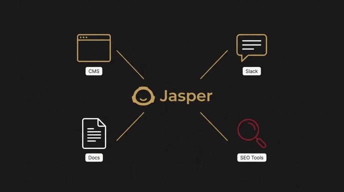 a diagram of Jasper connected to CMS, Slack, Docs, and SEO Tools.