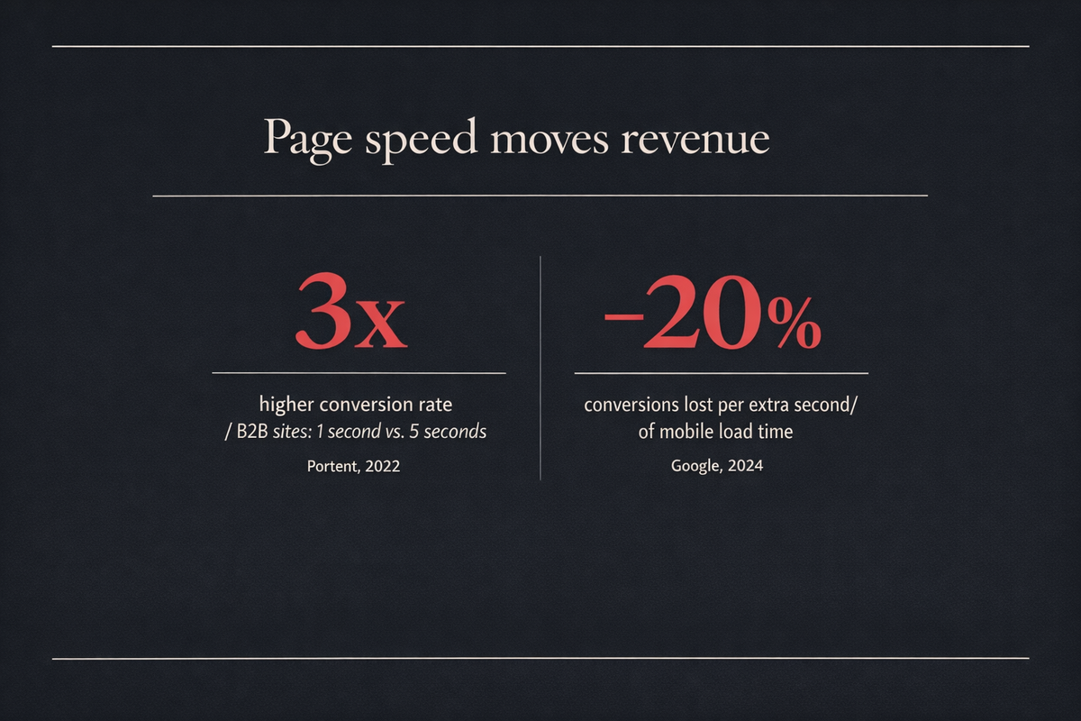 Stat card on dark background: B2B sites loading in 1 second have 3x higher conversion rates than 5-second sites (Portent, 2022), and every additional second of mobile load time costs up to 20% in conversions (Google, 2024).